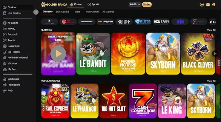 Golden Panda Casino — Lobby avec jeux Featured et Popular Games