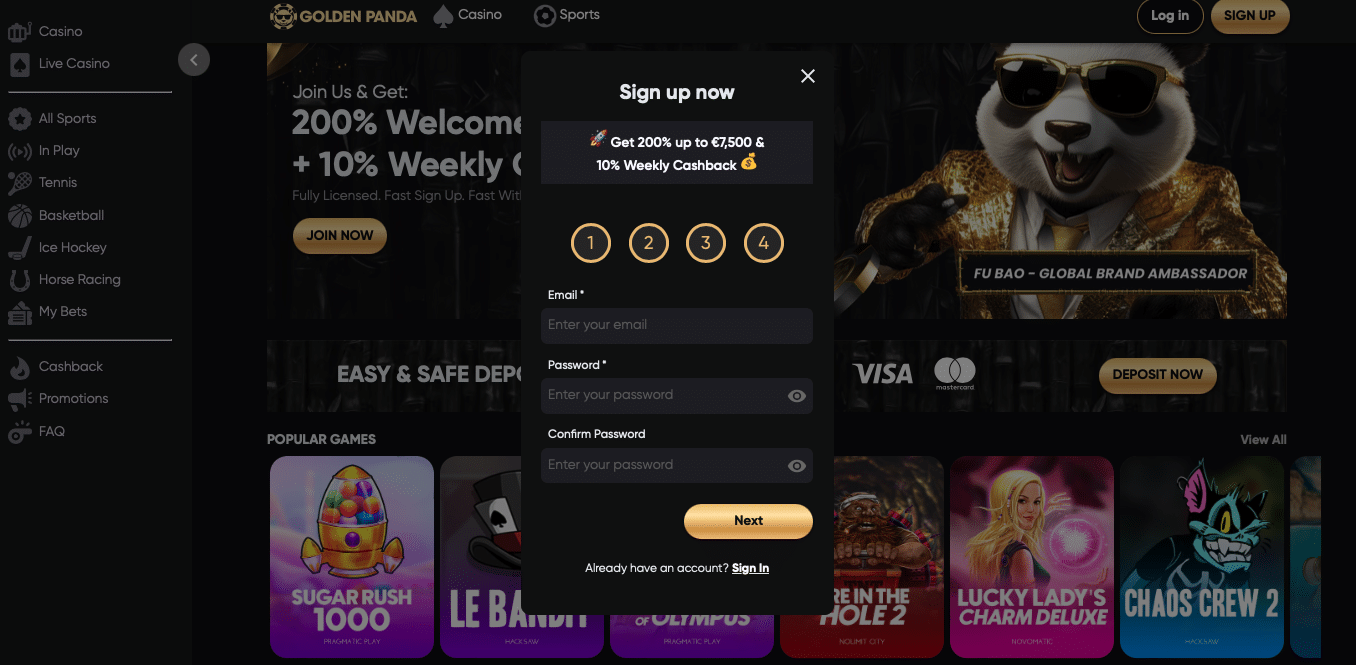 Golden Panda Casino — Interface d'inscription Étape 1/4